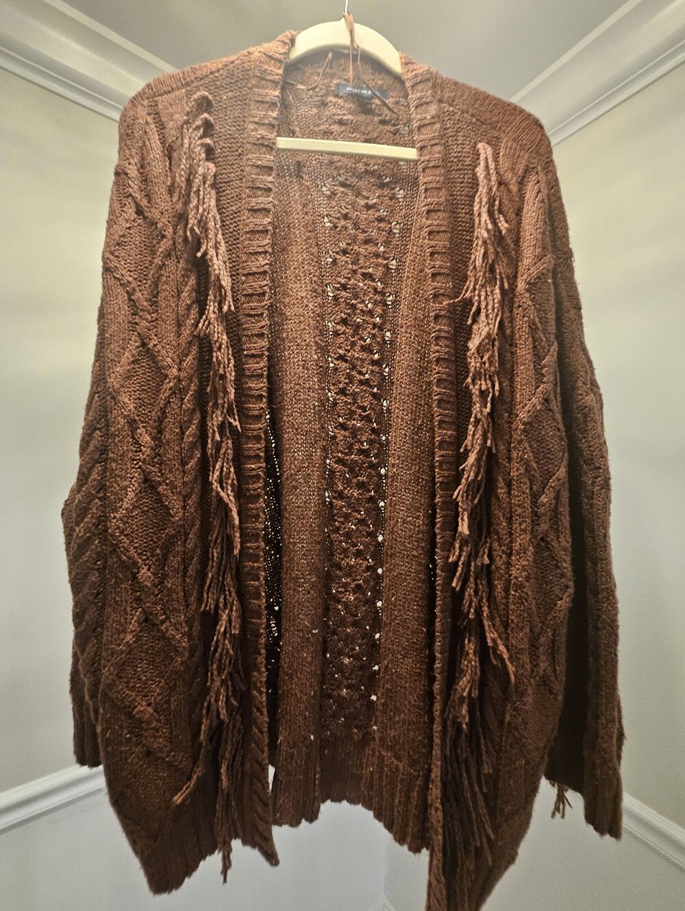 American Eagle Brown Cable Knit Fringe Boho Cardigan Medium